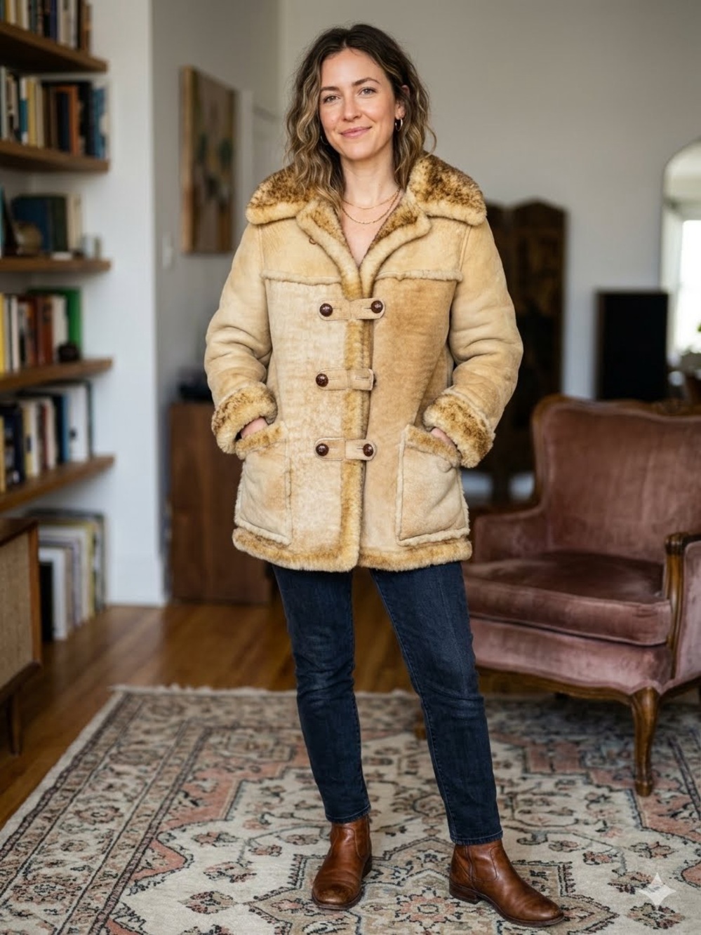 Vintage Womens Shearling Toggle Coat in Honey Beige - Classic Winter Jacket